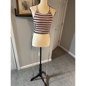 Active USA Y2K Pink & Black Striped Lace Up Back Wrap Tie Crop Top Sz Large